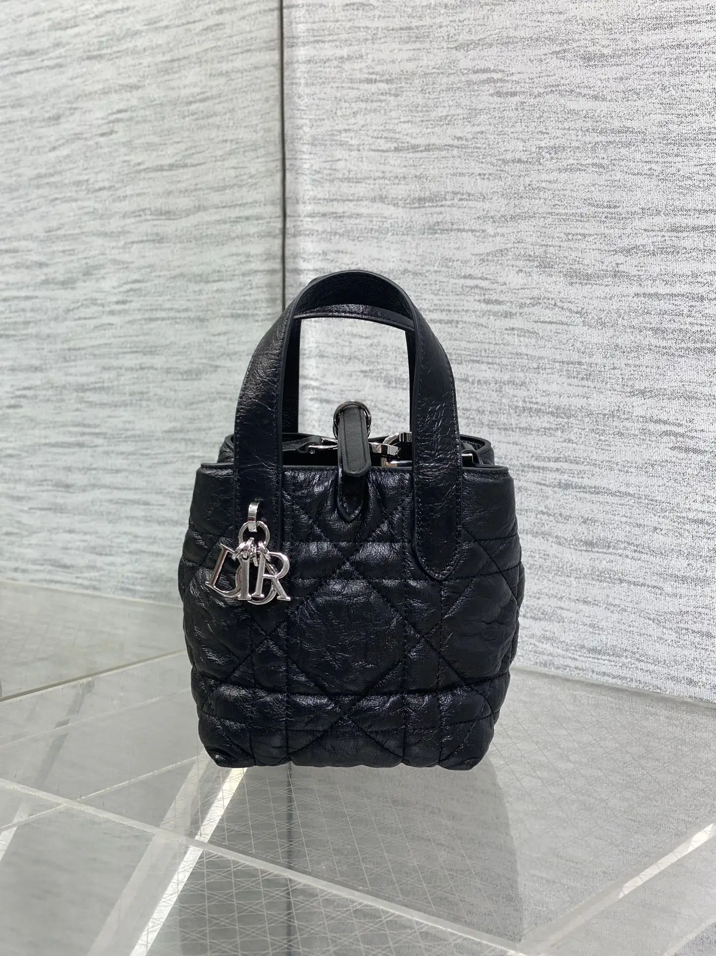 Dior Black and silver waxed leather Toujours vertical mini tote bag for women Dior Black and silver waxed leather Toujours vertical mini tote bag for women