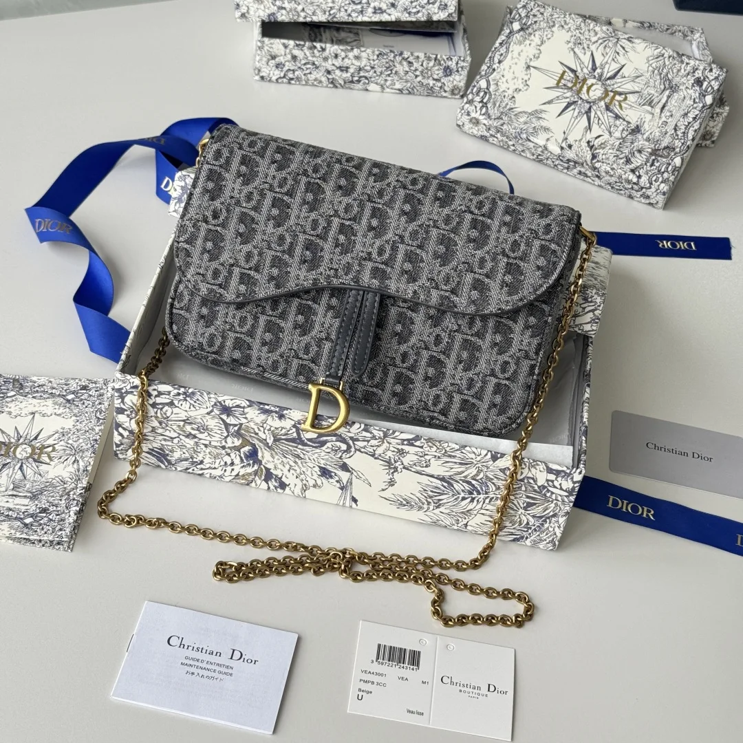 Dior S5907CTZQ_M928 Denim Dior Oblique Jacquard Saddle Chain Bag