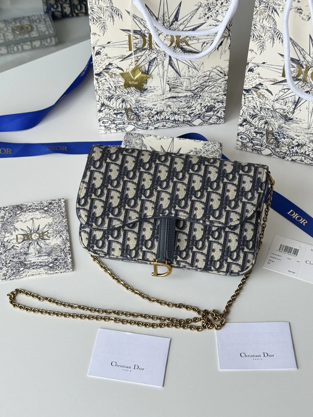 Dior S5907CTZQ_M928 Denim Dior Oblique Jacquard Saddle Chain Bag