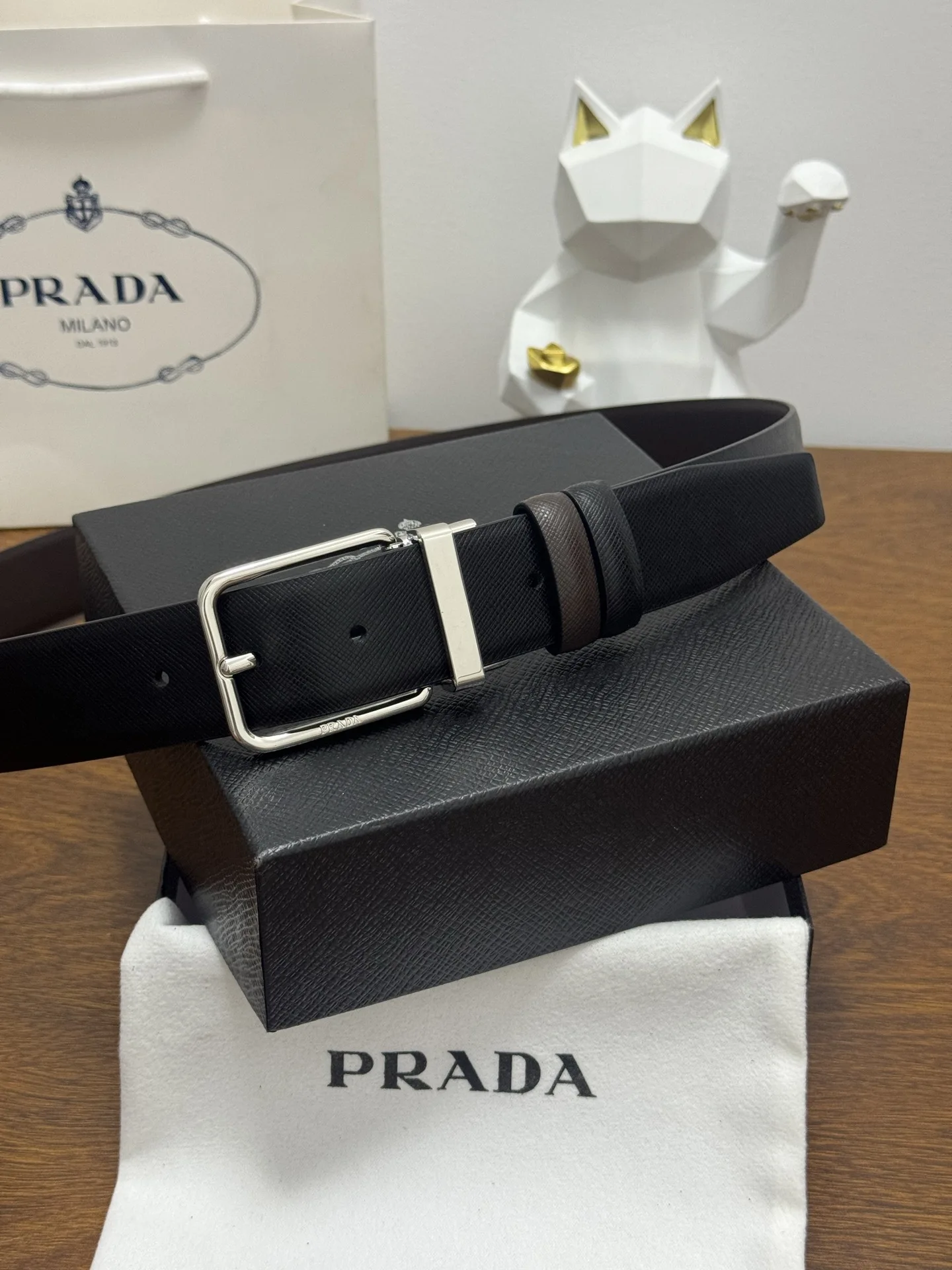 Prada 35MM Men s Crossgrain Textured Leather Belt
