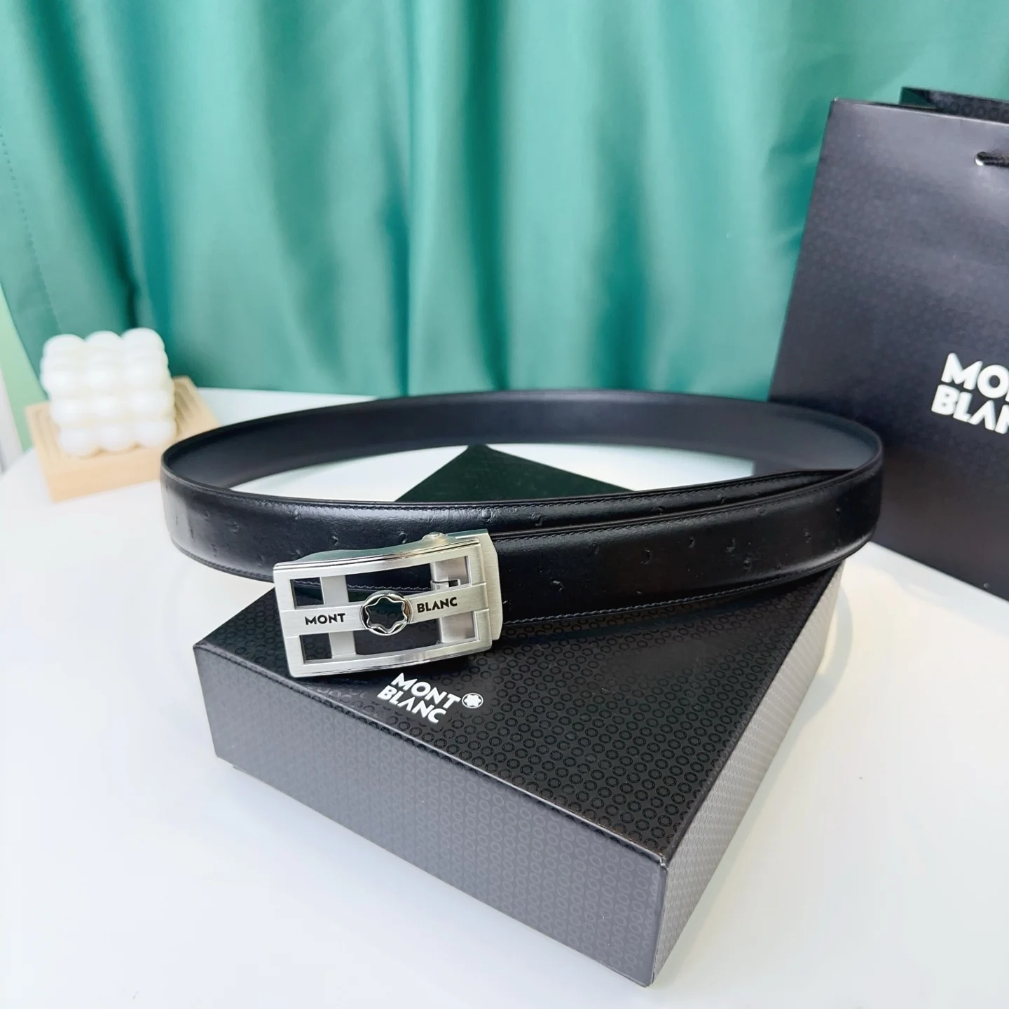 Montblanc 35MM width men s automatic buckle leather belt, automatic smooth buckle waistband