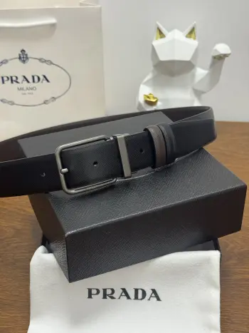 35MM Men s Crossgrain Textured Leather Belt Replica Prada Mens Belts
