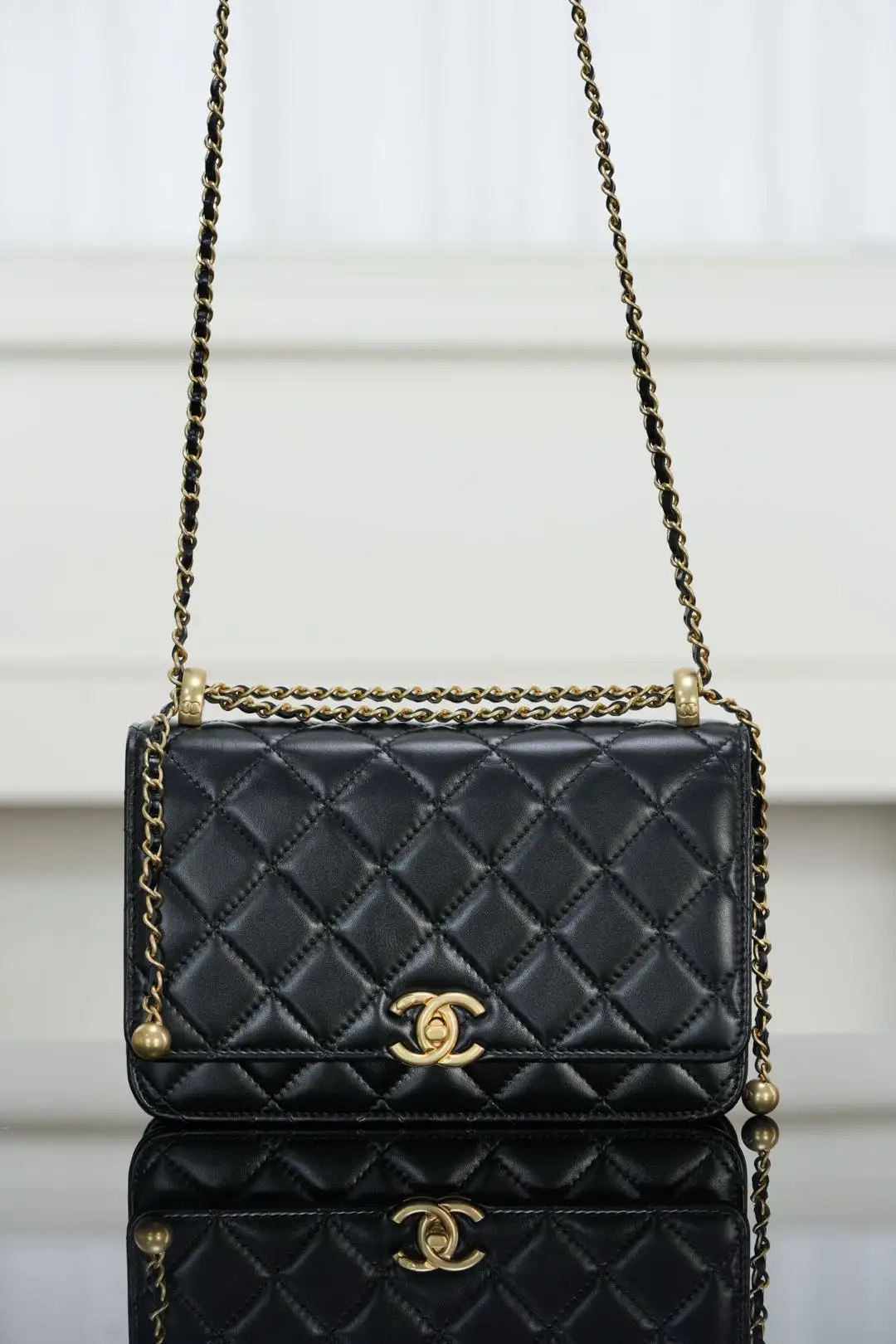 Chanel 25s Double Gold Pearl Chain WOC Wallet on Chain Clutch Crossbody Bag Chanel 25s Double Gold Pearl Chain WOC Wallet on Chain Clutch Crossbody Bag