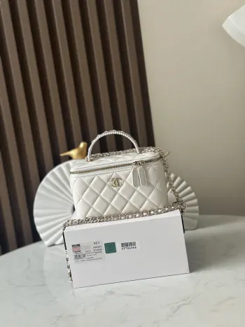 66060 25s Pearl Cosmetic Long Box Makeup White Ladies Handbag Crossbody Bag Replica Chanel womens bags