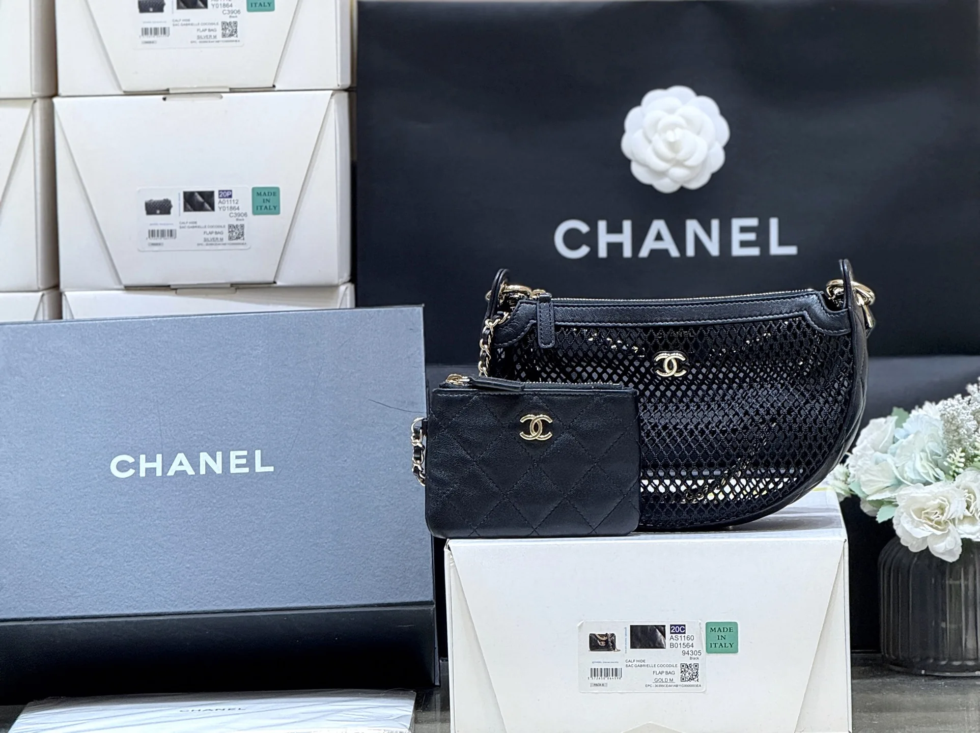 Chanel AP4573 25s Openwork Mesh Half-Moon Bag