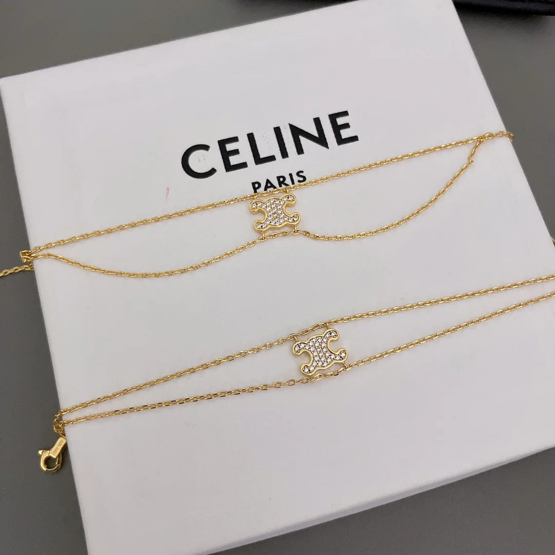 Celine Full Diamond Arc de Triomphe Double Layer Necklace and Bracelet