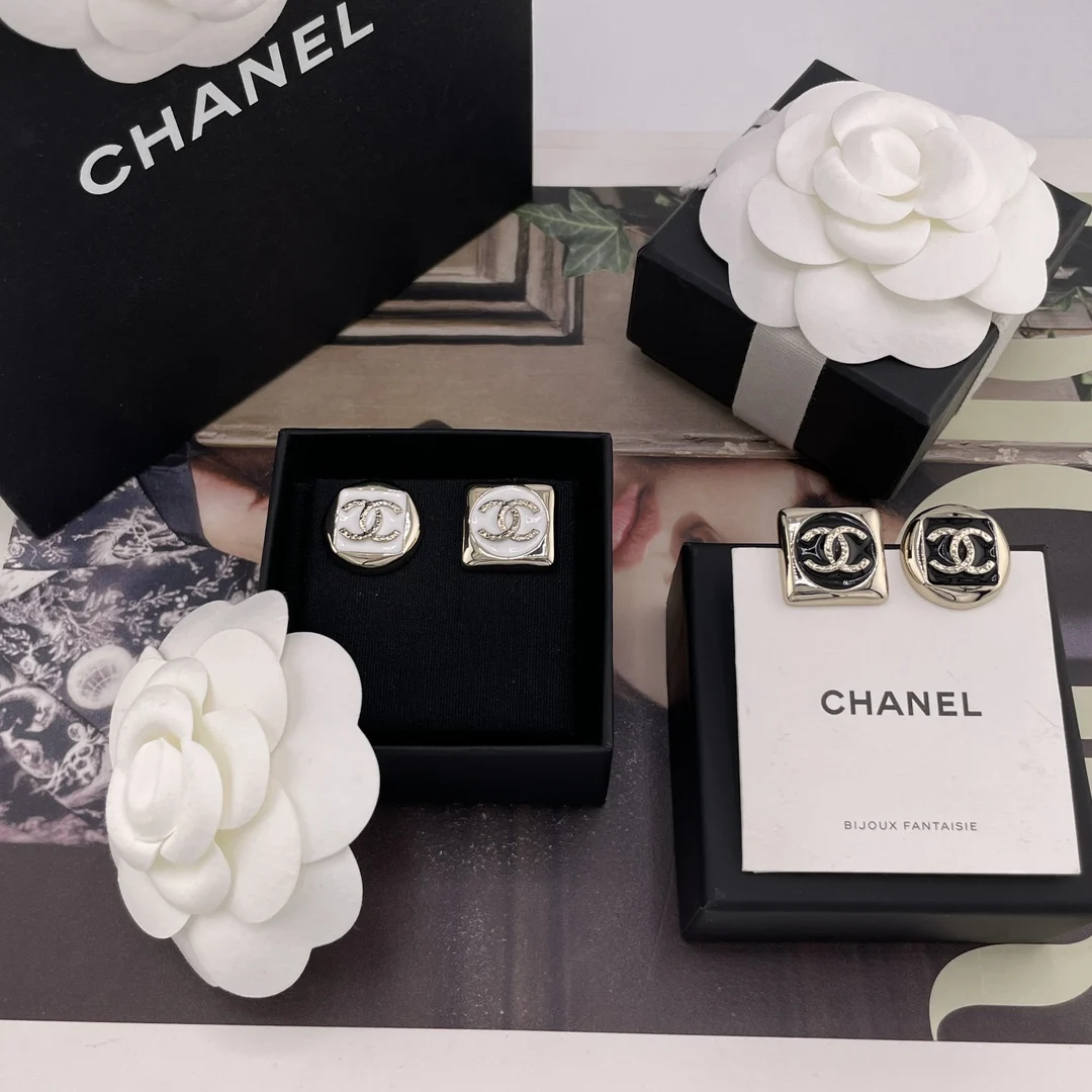 Chanel Asymmetrical enamel stud earrings with geometric shapes