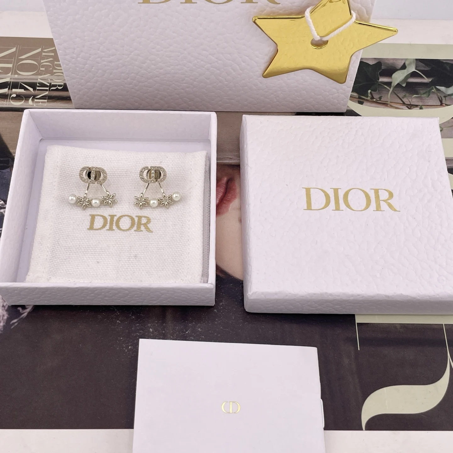 Dior CD bead spacer with millet flower stud earrings