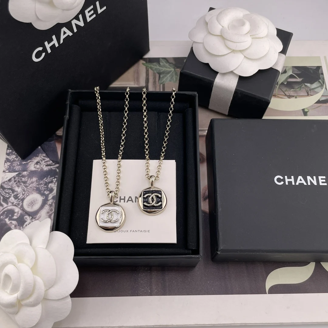 Chanel Pomander Square Enamel Necklace Black White