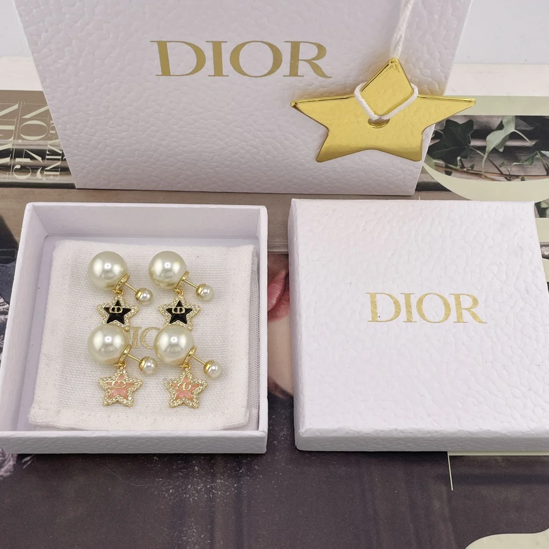 Dior Diamond-studded Star Double Pearl Earrings, Pink and Blue Dior Diamond-studded Star Double Pearl Earrings, Pink and Blue