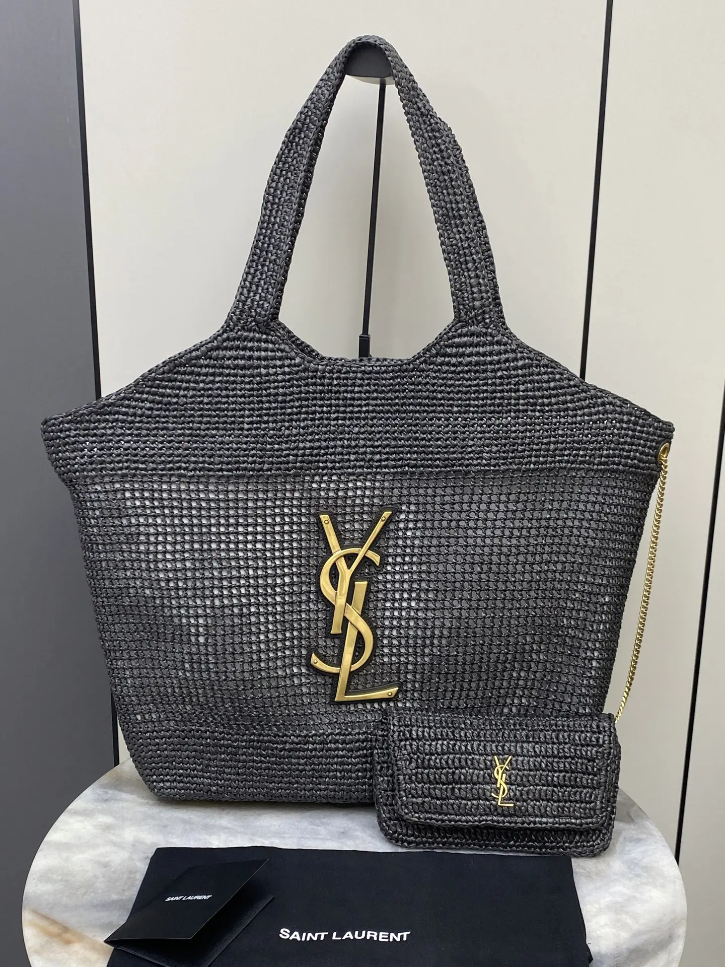 SAINT LAURENT 772191 Woven Raffia Shopping Bag Tote Bag
