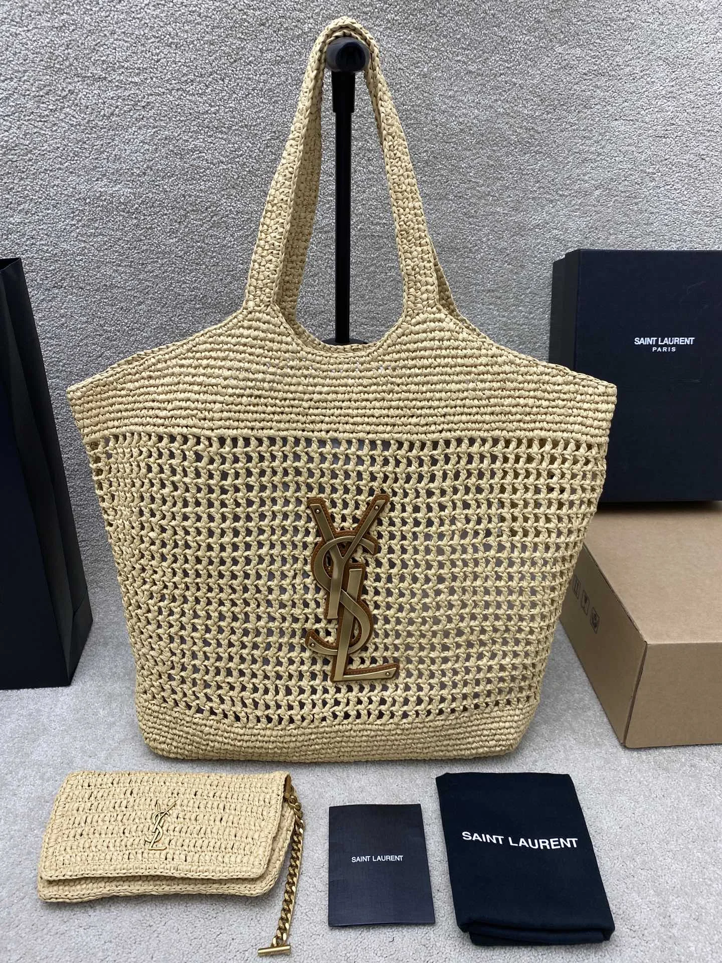 SAINT LAURENT 772191 Woven Raffia Shopping Bag Tote Bag