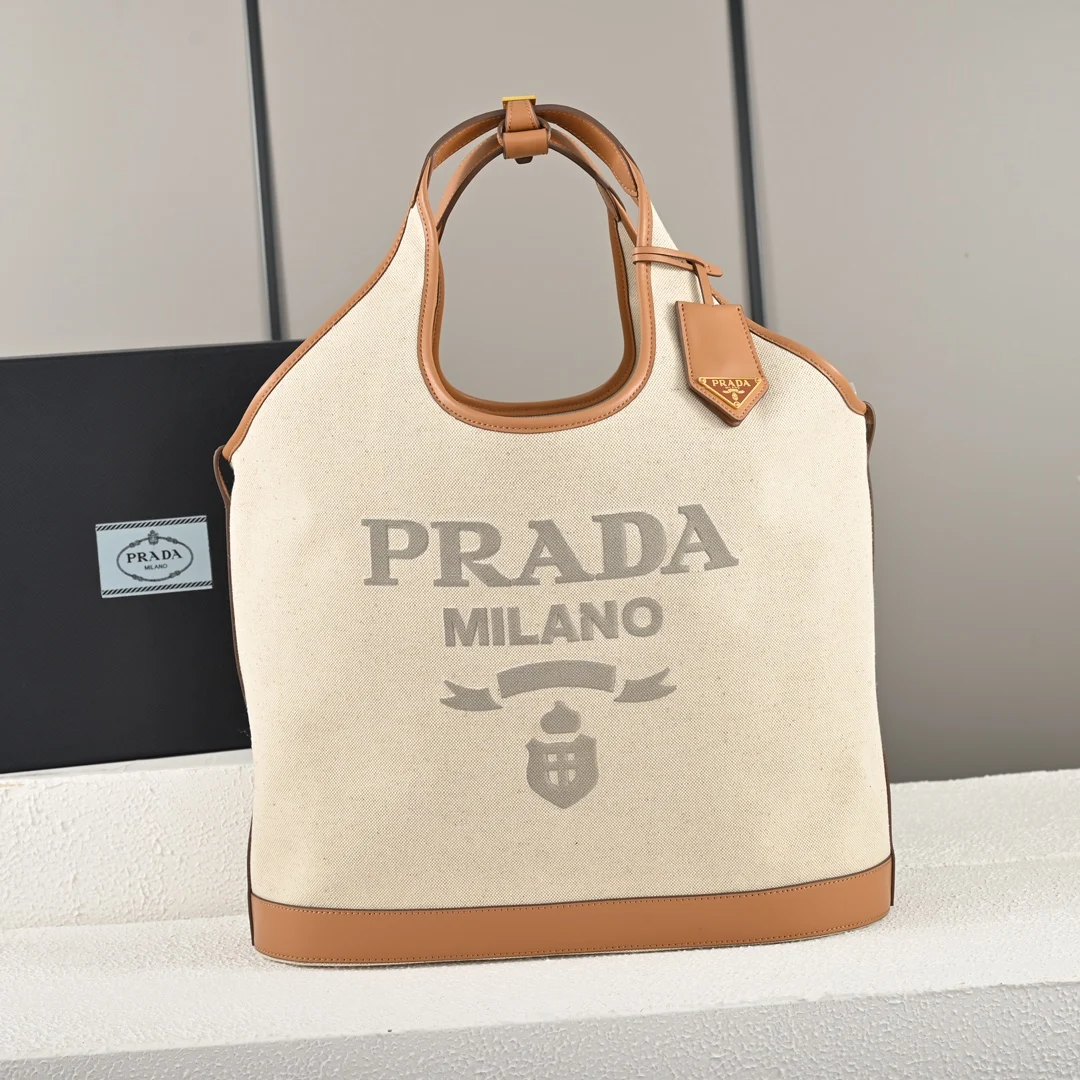 普拉达 1BG472 Summer 亚麻混纺配皮大号托特包 手提包