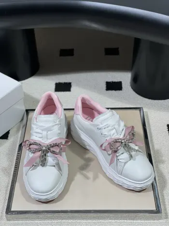 26s Spring/Summer New Round Toe Platform Rhinestone Bow White Sneakers Replica JimmyChoo Womens Sneakers