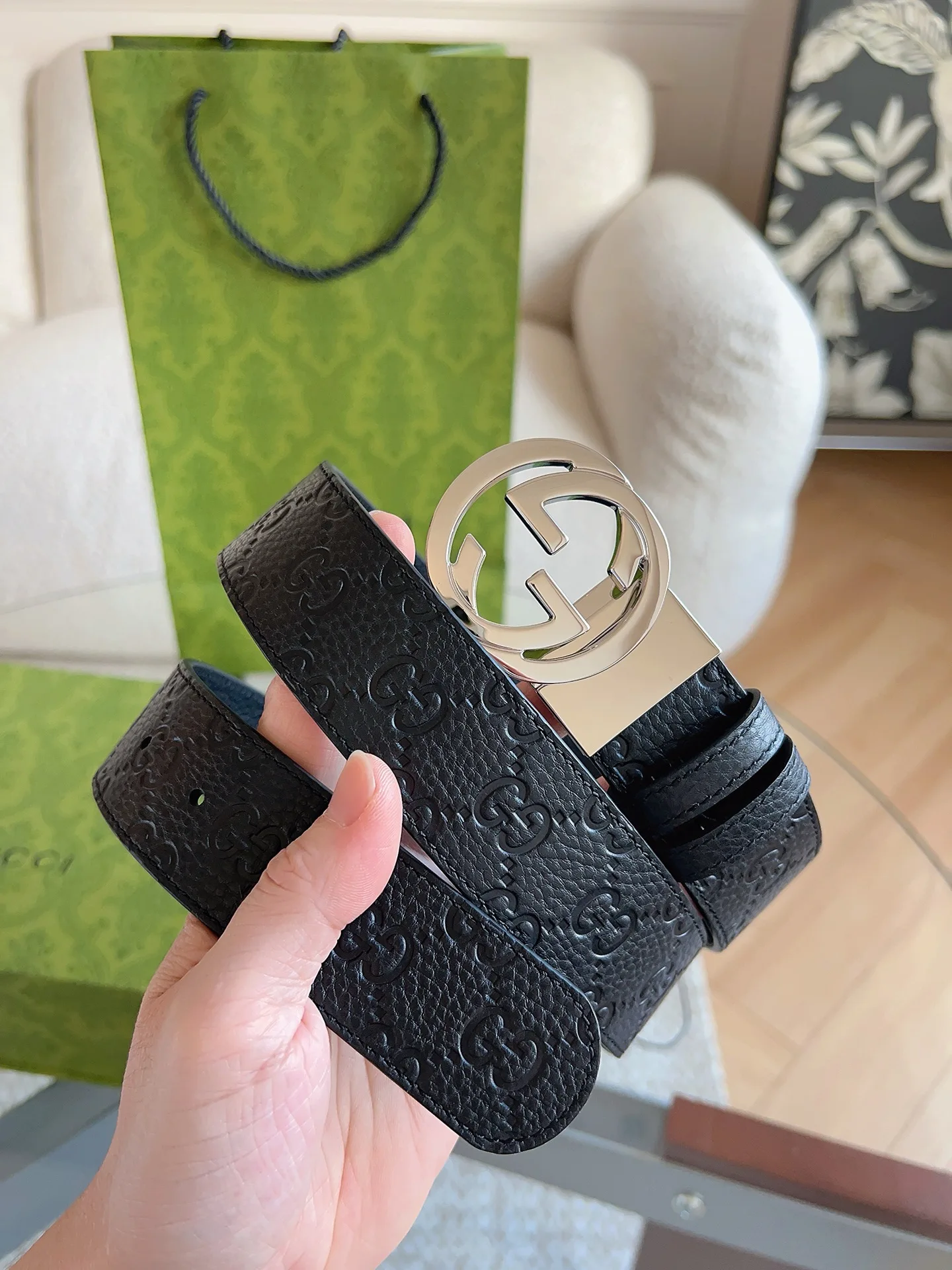 古奇  GUCC荔枝纹双面皮革腰带