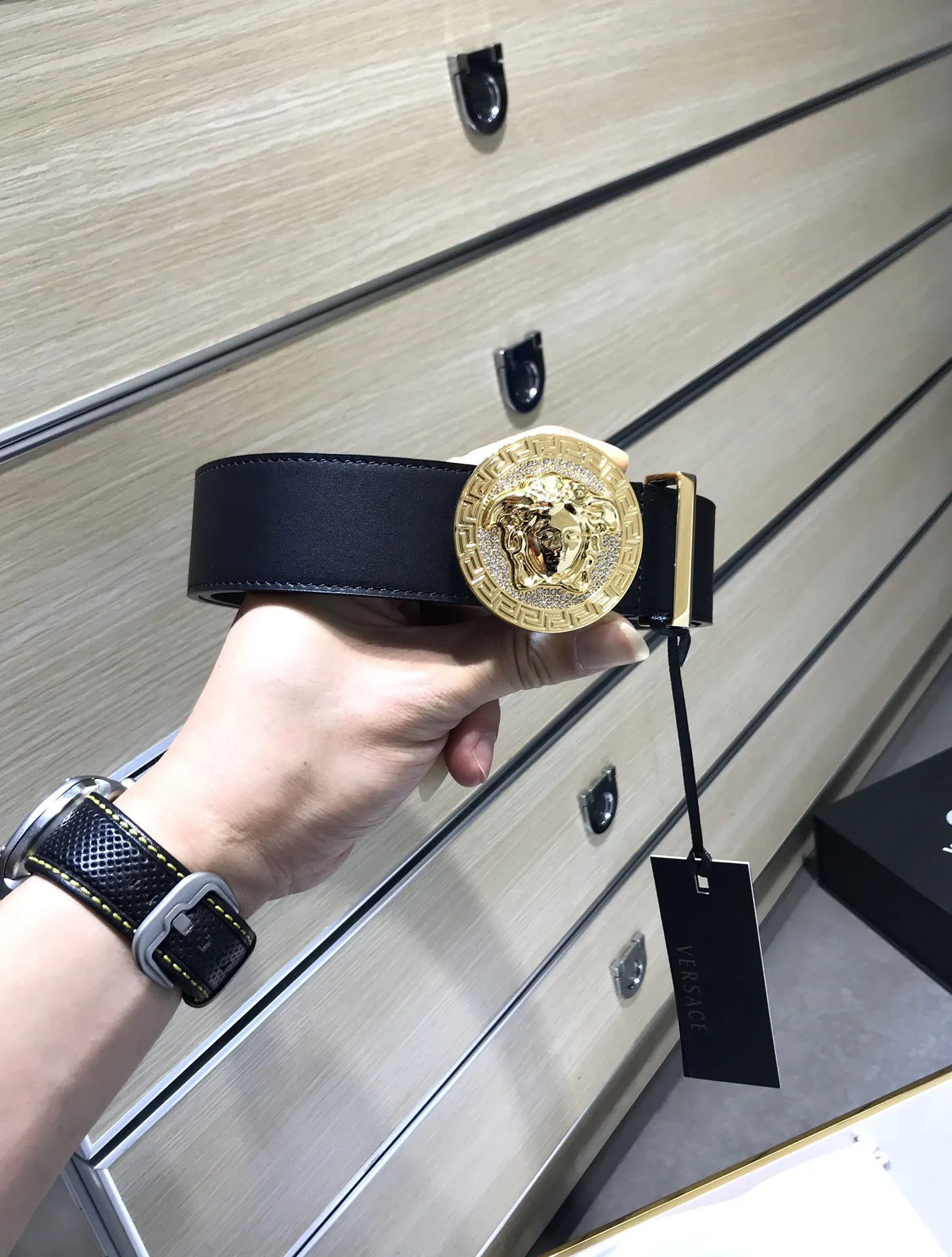 Versace Original 3D Stereoscopic Diamond-Studded Head Buckle Beauty Head Leather Belt