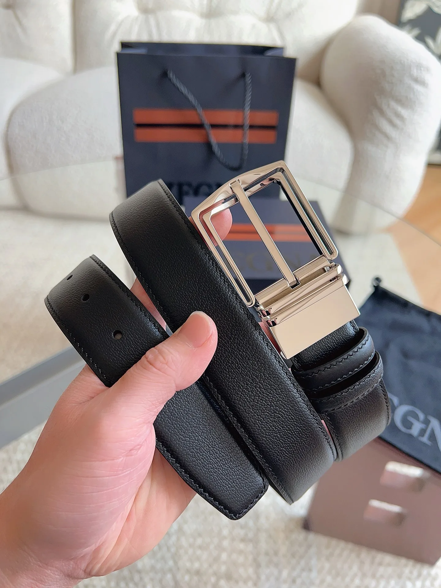 Zegna 2026 New Black Leather Reversible Belt