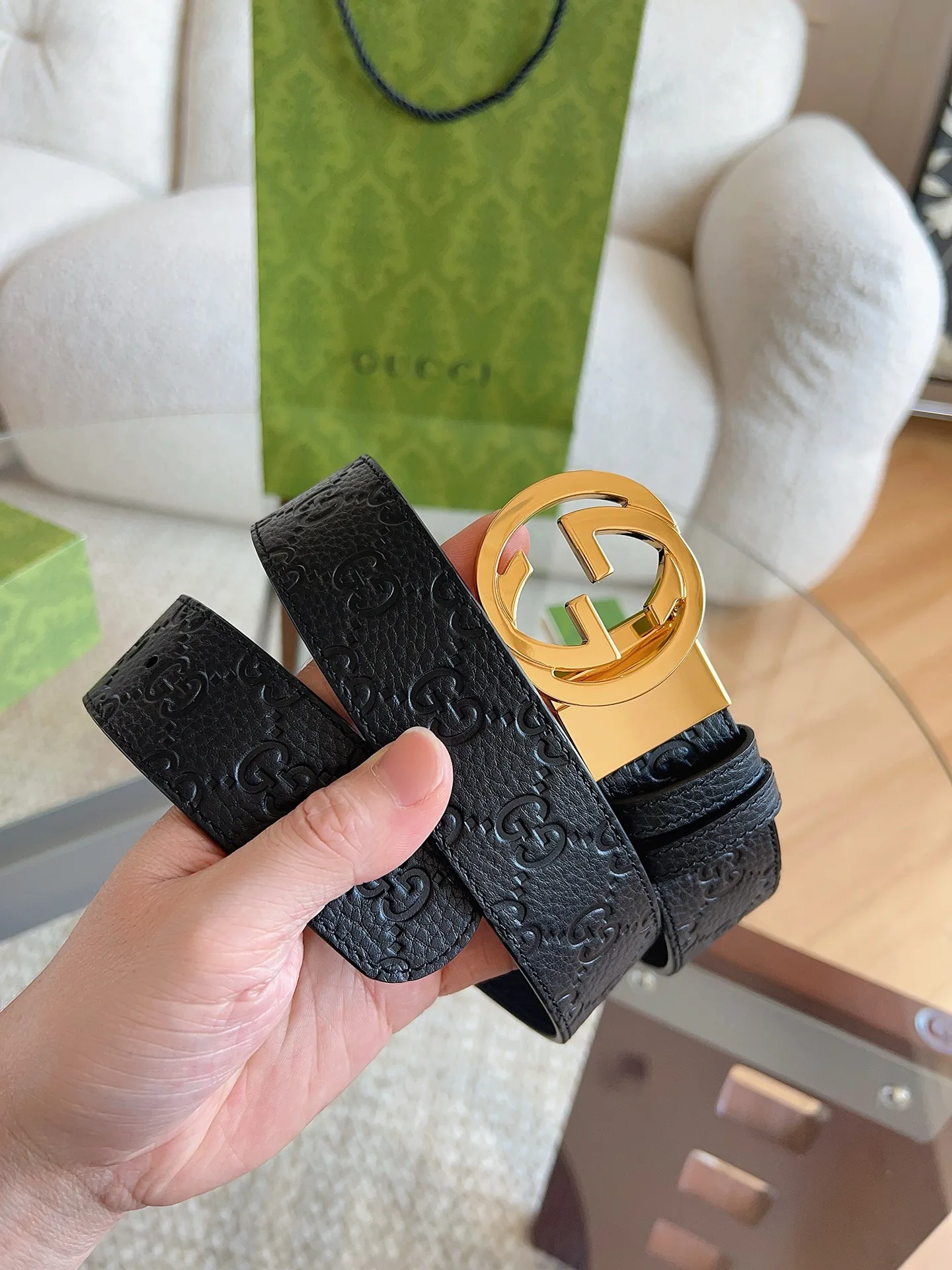 古奇  GUCC荔枝纹双面皮革腰带