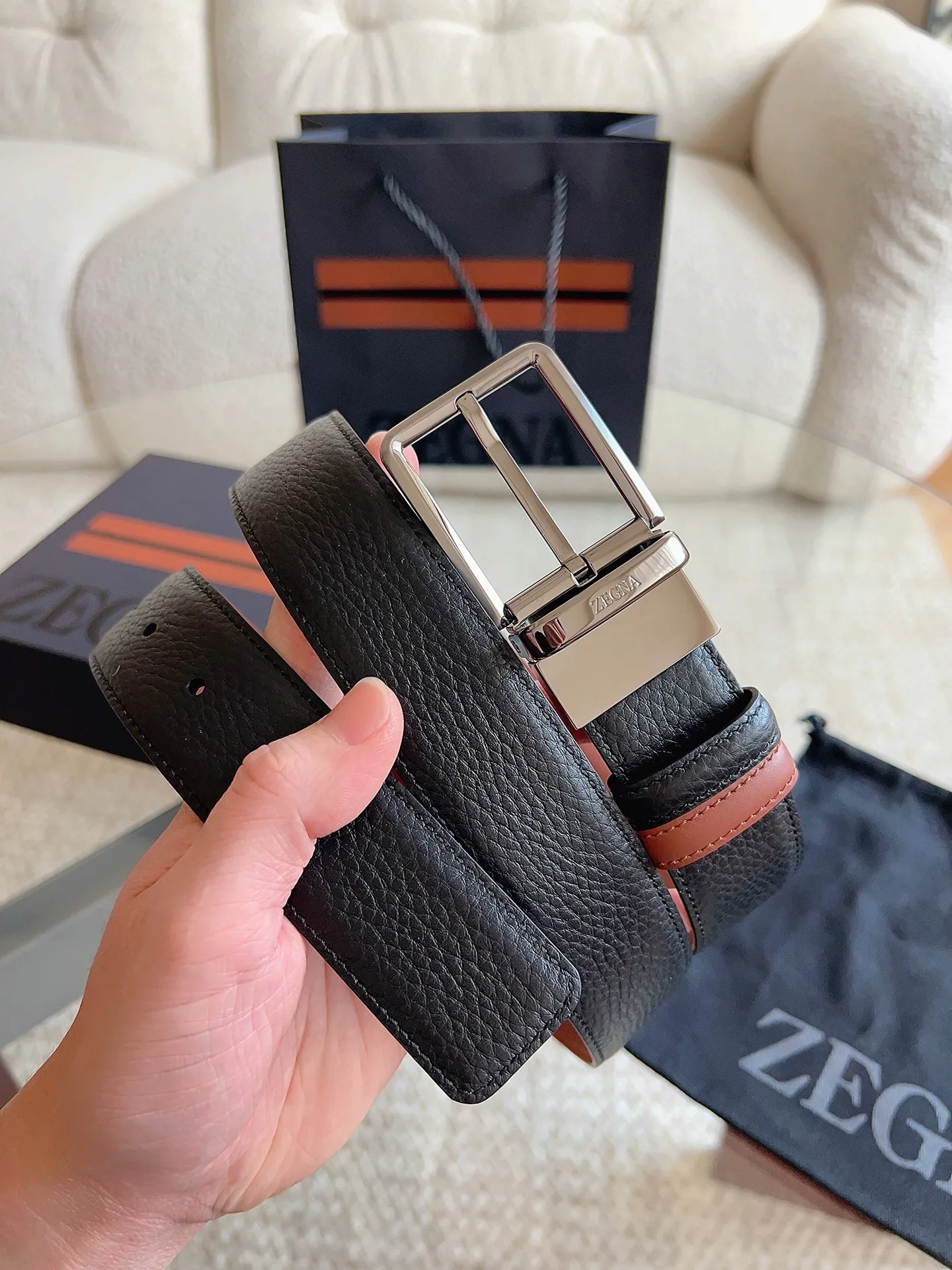 Zegna 2026 New Black Leather Reversible Belt