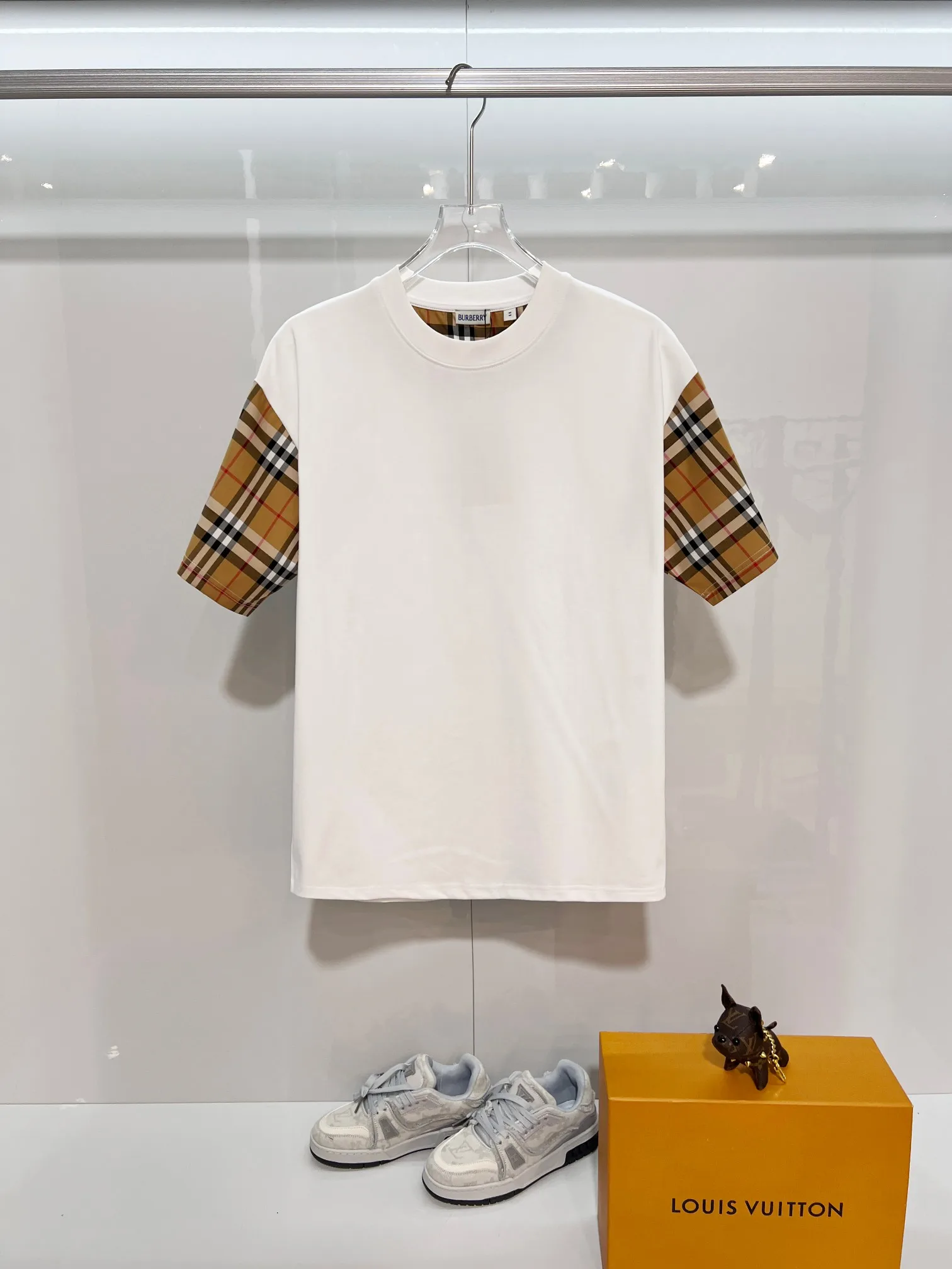 巴宝莉 格纹拼接圆领短袖T恤