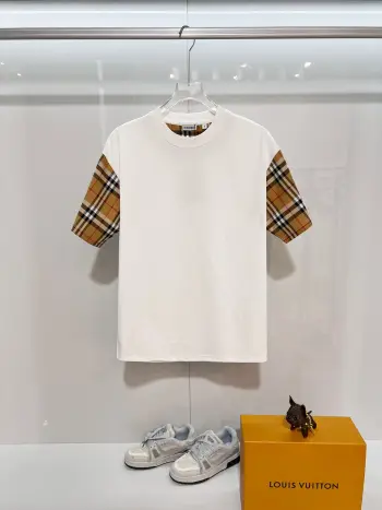 格纹拼接圆领短袖T恤 高仿巴宝莉T恤/POLO衫