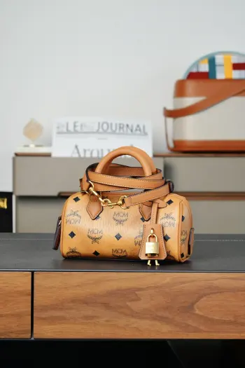 MWPCSVI01CO001 MCM Ella Visetos Cognac Mini Boston Lock Bag Crossbody Bag Replica MCM womens bags