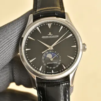 Jaeger-LeCoultre Master Ultra Thin Moon, case diameter 39mm X 9.9mm. The sub-dial at 6 o clock features a 24-hour function synchronized with the hour hand. [Technical Breakthrough] Utilizes a Seagull 2824 modified to a Jaeger-LeCoultre Cal.925/1 movement, Replica Jaeger LeCoultre Mens Watches