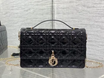  藤纹格黑色漆皮珍珠链条手拿包 女士斜挎包 高仿迪奥女包
