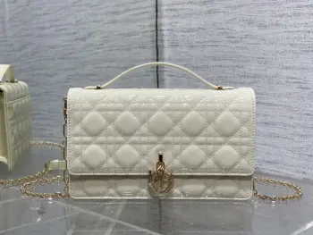  藤纹格白色漆皮珍珠链条手拿包 女士斜挎包 高仿迪奥女包