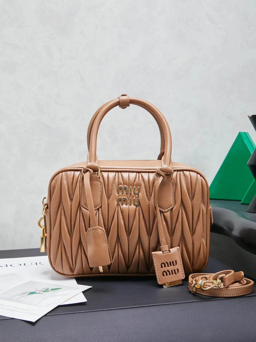 MIU MIU 5BB124 Large Caramel Bowling Bag Crossbody