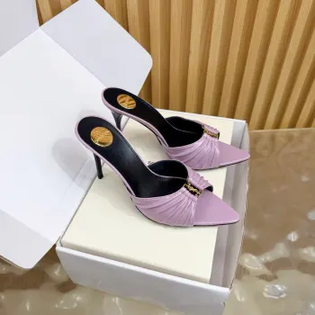 26s 春夏新款尖头链条五金扣穆勒鞋极简风细跟高跟凉拖鞋 高仿圣罗兰女士凉鞋/拖鞋