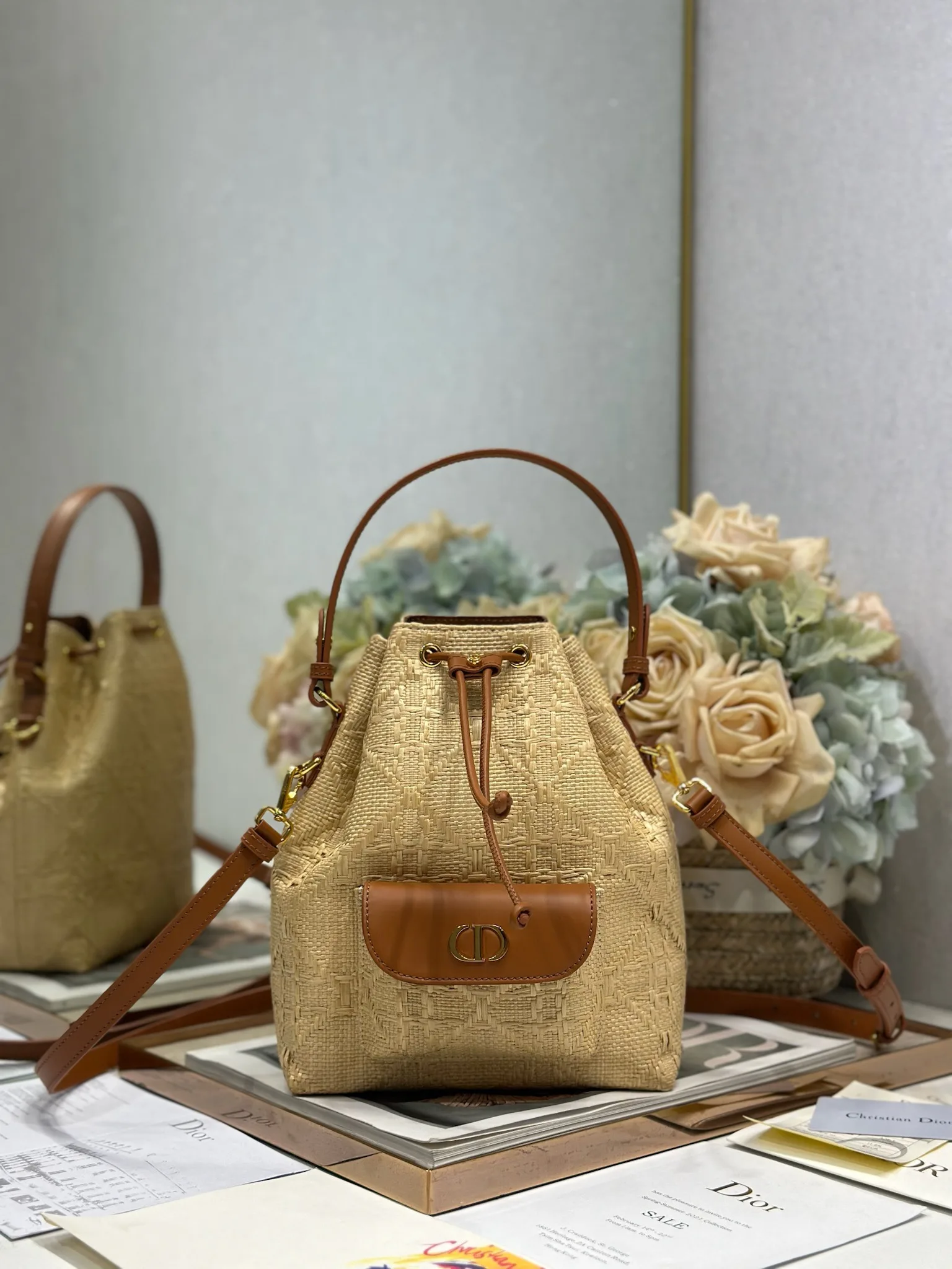 迪奥 3372 藤格纹编织水桶包 女士斜挎包