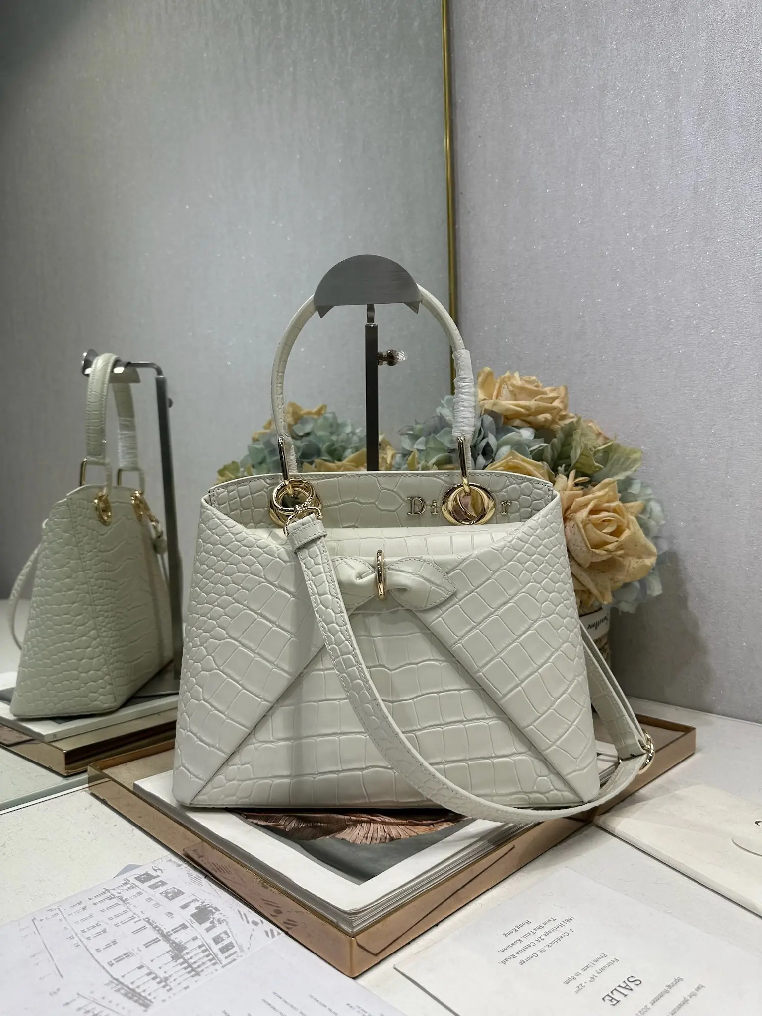 Dior 0737 Crocodile Pattern Bowknot Handbag Women s Crossbody Bag