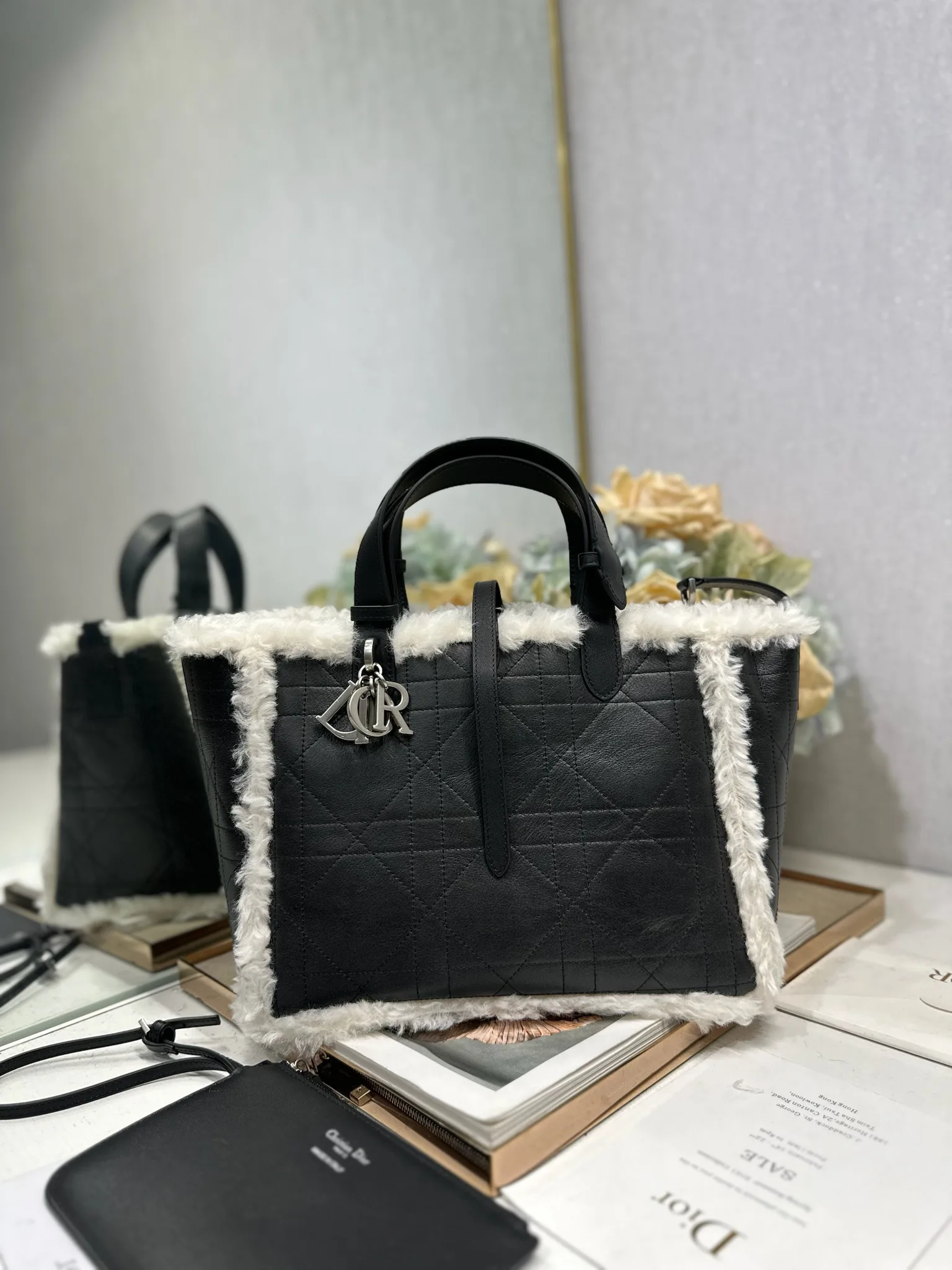 迪奥 1188 裂纹黑色牛皮手袋 女士斜挎包