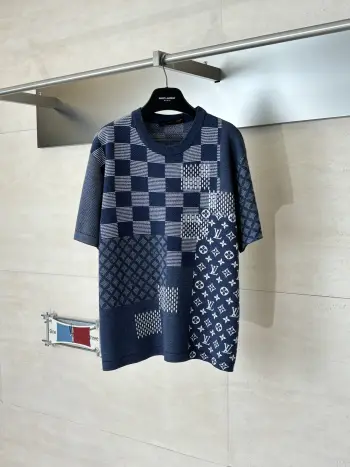 棋盘格不规则拼接针织短袖T恤 高仿LVT恤/POLO衫