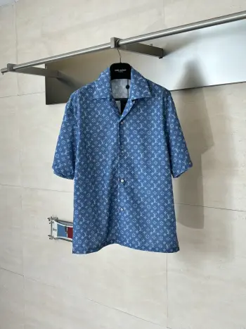 满印丹宁套装翻领短袖衬衫 高仿LV衬衫