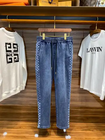 男女同款侧棋盘格老花图案休闲牛仔长裤 高仿LV牛仔裤