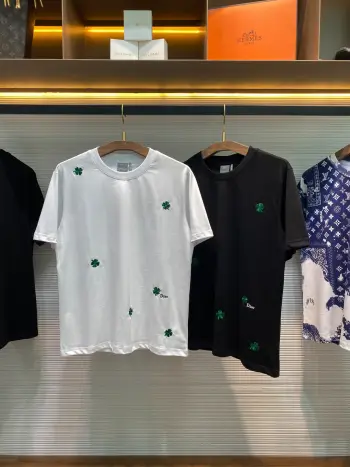 Unisex Full-Width Green Four-Leaf Clover Pattern Embroidered Casual Short Sleeve T-Shirt Replica Dior Tshirts and Polos