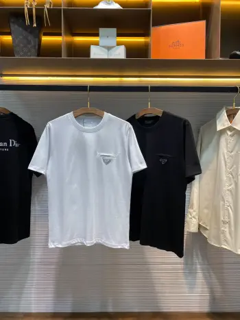 Unisex Triangle Logo Fake Pocket Casual Pullover Short Sleeve T-Shirt Replica Prada Tshirts and Polos