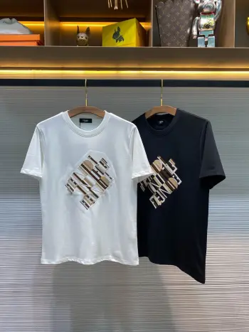 Men s and women s matching overlapping letter logo geometric pattern embroidered casual short-sleeve T-shirt. Replica Fendi Tshirts and Polos
