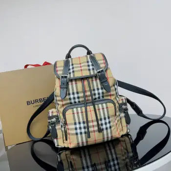 Plaid Patch Cowhide Military Backpack Double Shoulder Bag Replica Burberry backpacks