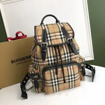 Plaid Patch Cowhide Military Backpack Double Shoulder Bag Replica Burberry backpacks