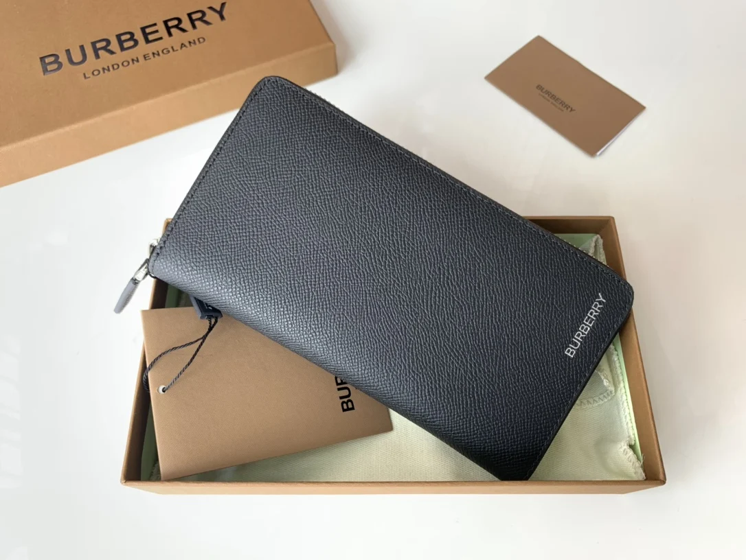 Burberry Grained Leather Zip Pouch Wallet