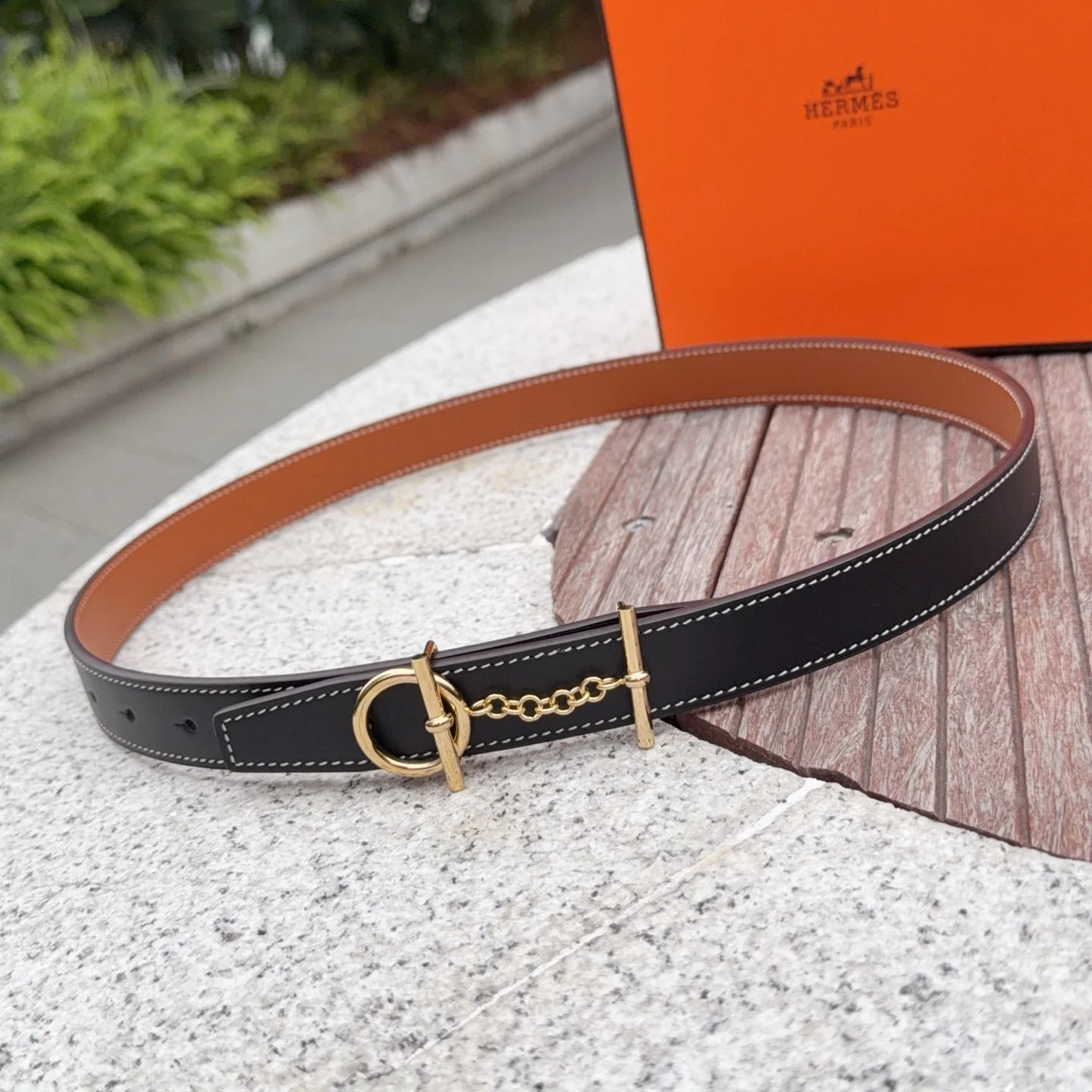 爱马仕 经典金属铜扣双面腰带