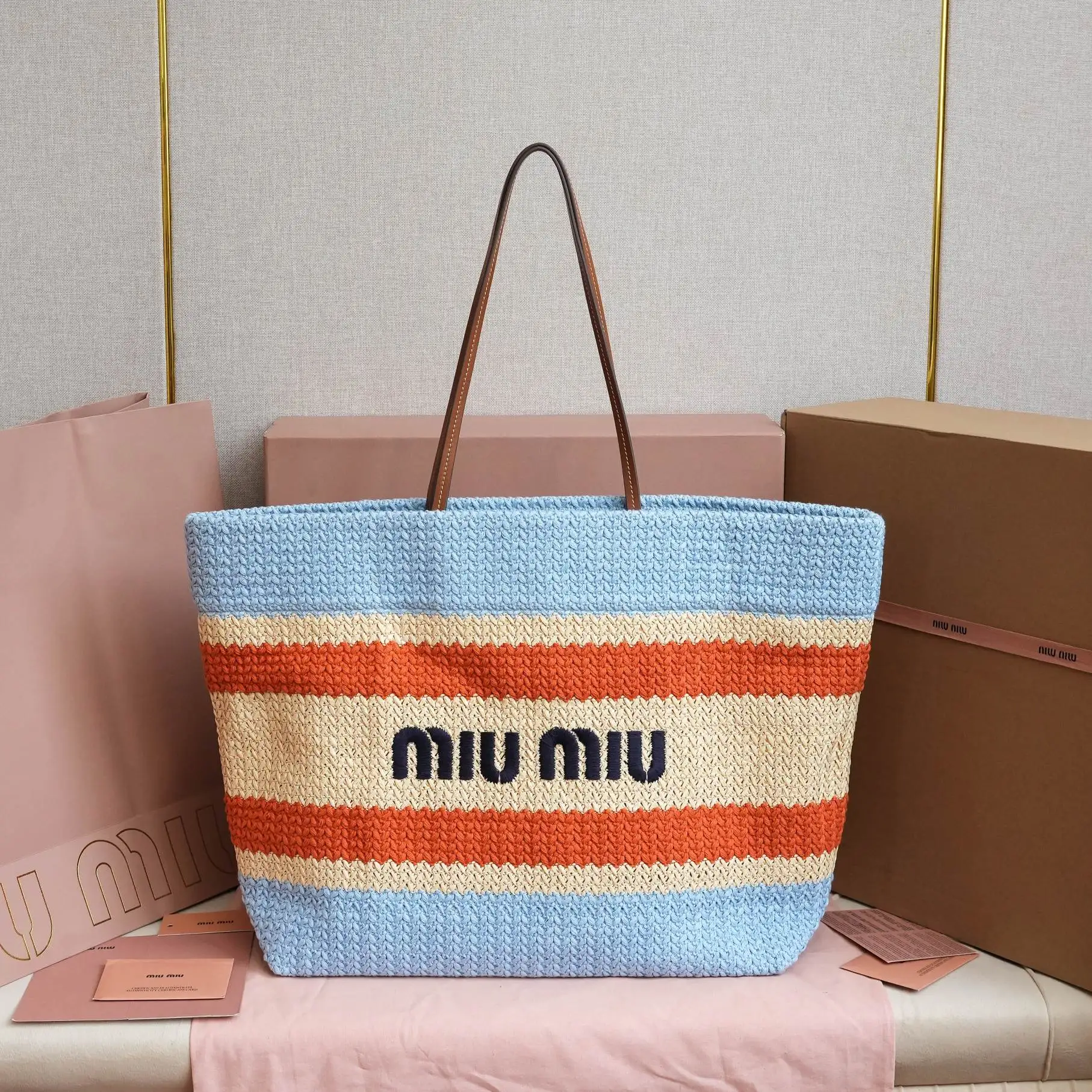 缪缪 5BG228 纯棉彩虹编织托特包 女士单肩包