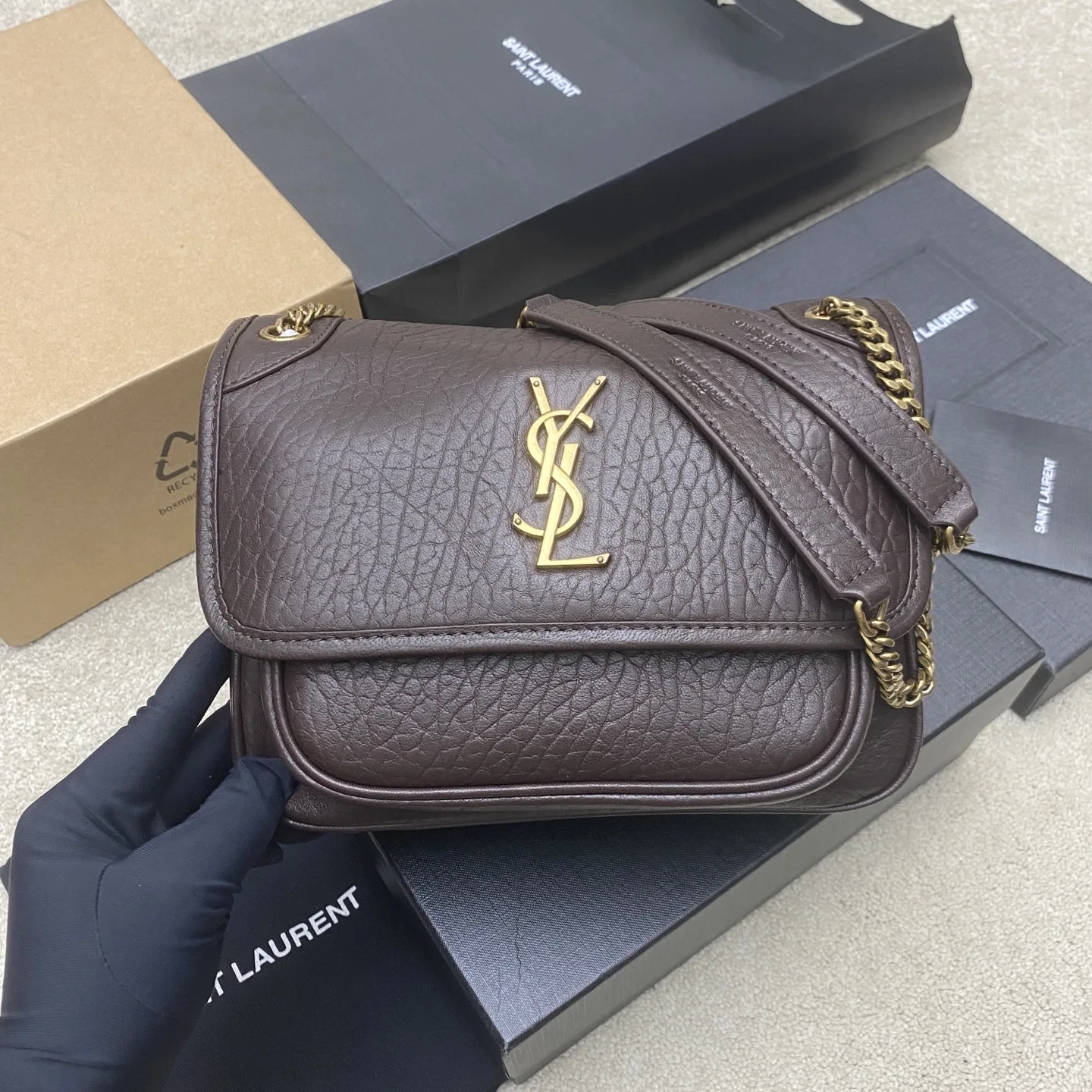 圣罗兰 633179 大象纹黑/银手袋 女士斜挎包