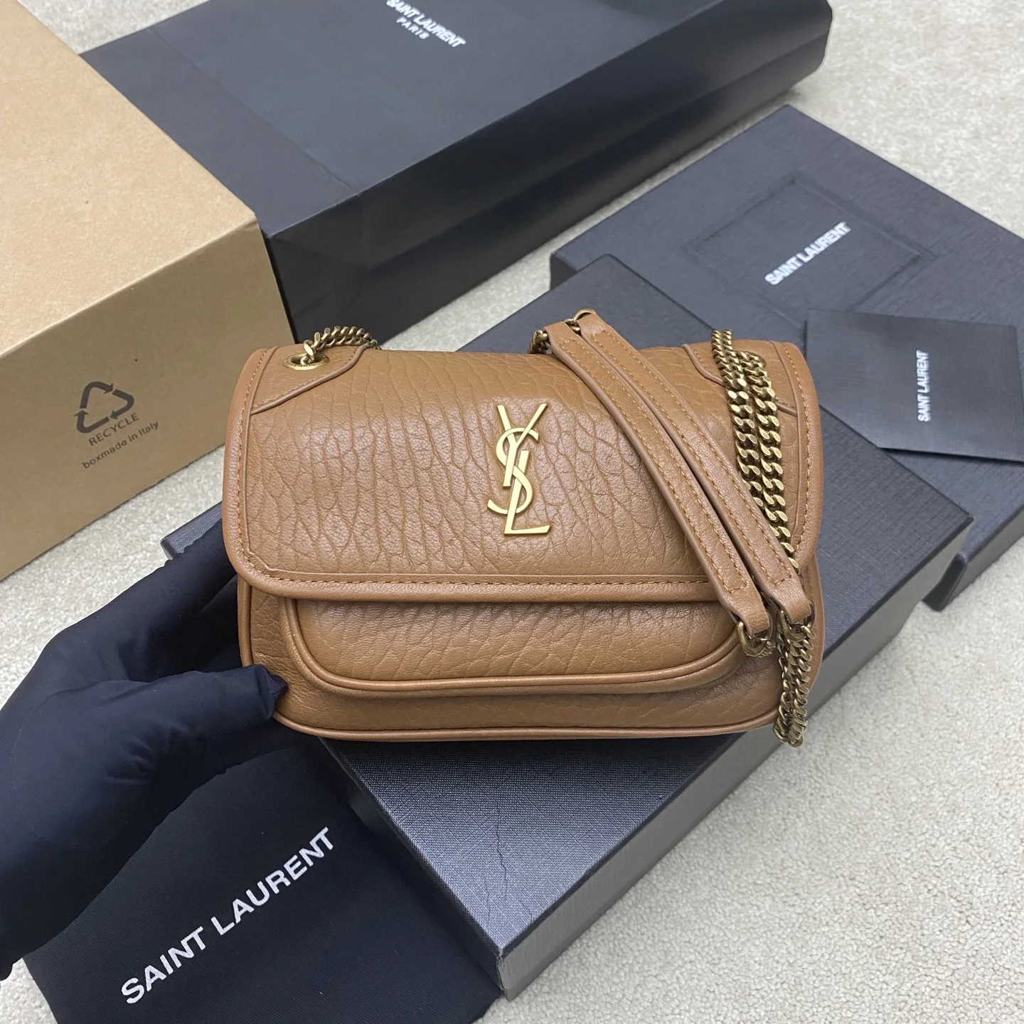 圣罗兰 828736 大象纹黑/银手袋 女士斜挎包