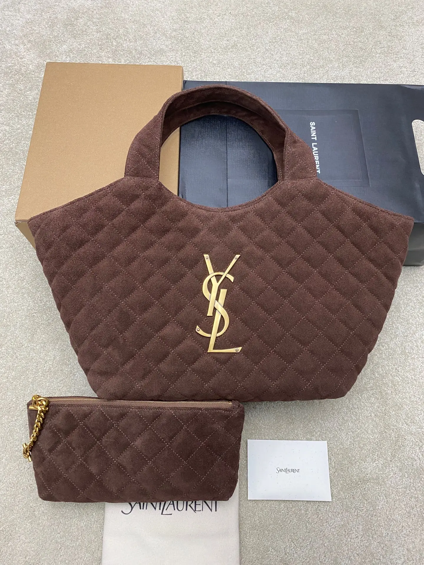 SAINT LAURENT 858191 Matte Coffee/Gold ICARE Tote Bag Women s Handbag