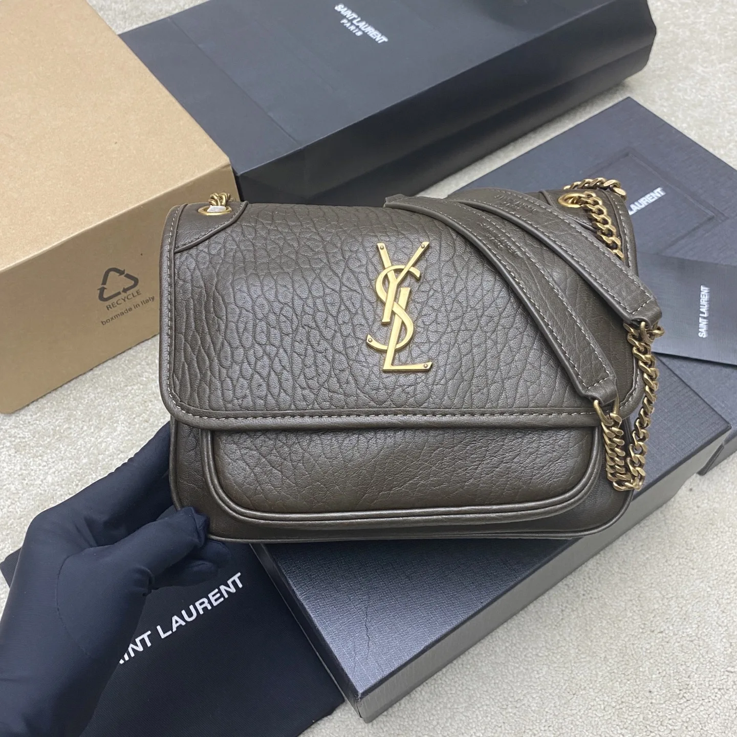 圣罗兰 633179 大象纹黑/银手袋 女士斜挎包