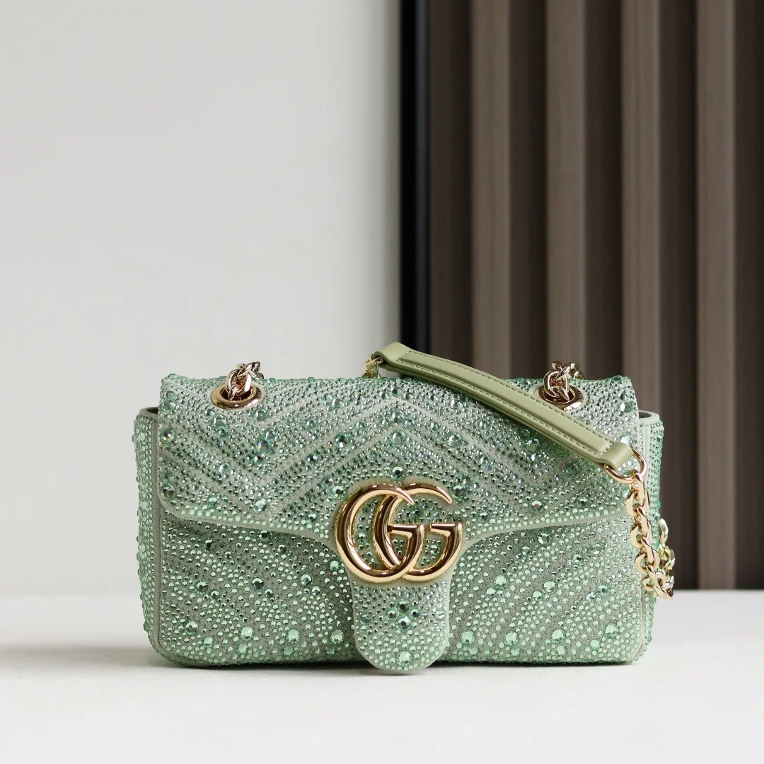 古奇 马蒙亮钻款双G鎏金手袋 女士斜挎包